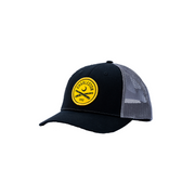 Richardson Trucker Hat in Black/Grey With Yellow Patch Logo