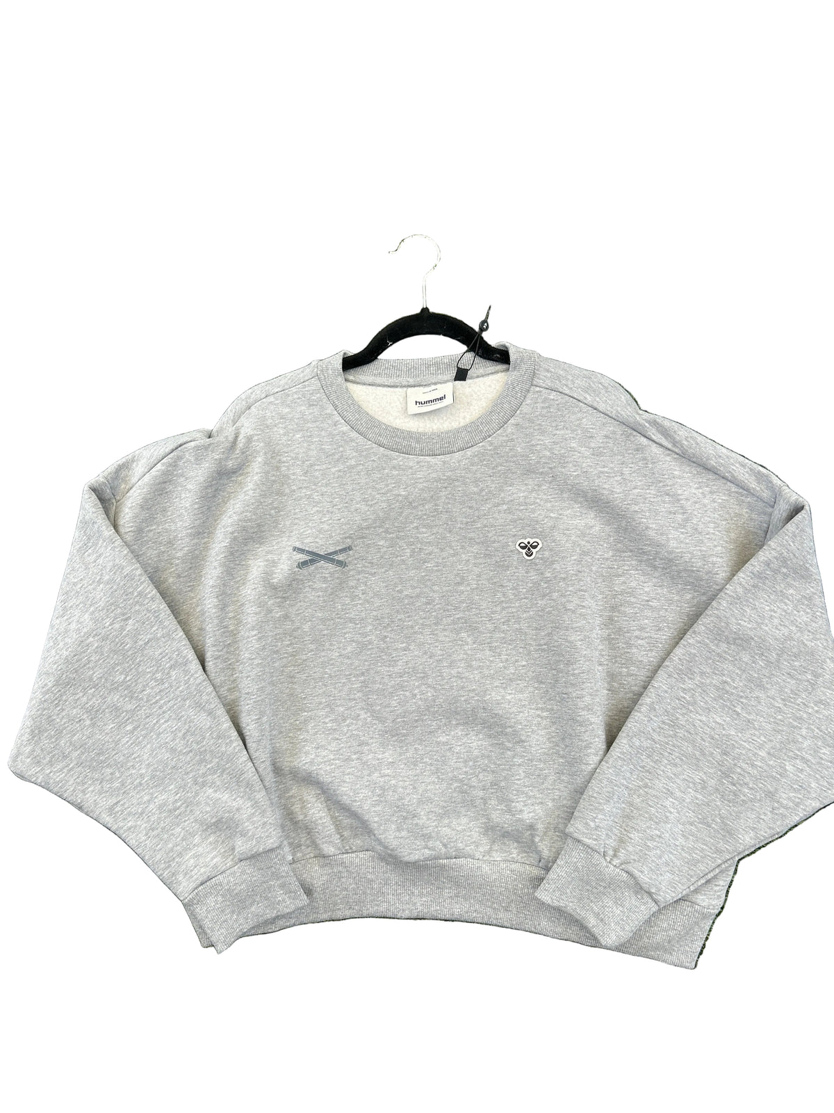 A light gray heather crewneck sweatshirt with a small embroidered logo on the left chest collar.