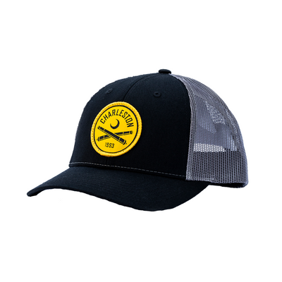 Richardson Trucker Hat in Black/Grey With Yellow Patch Logo